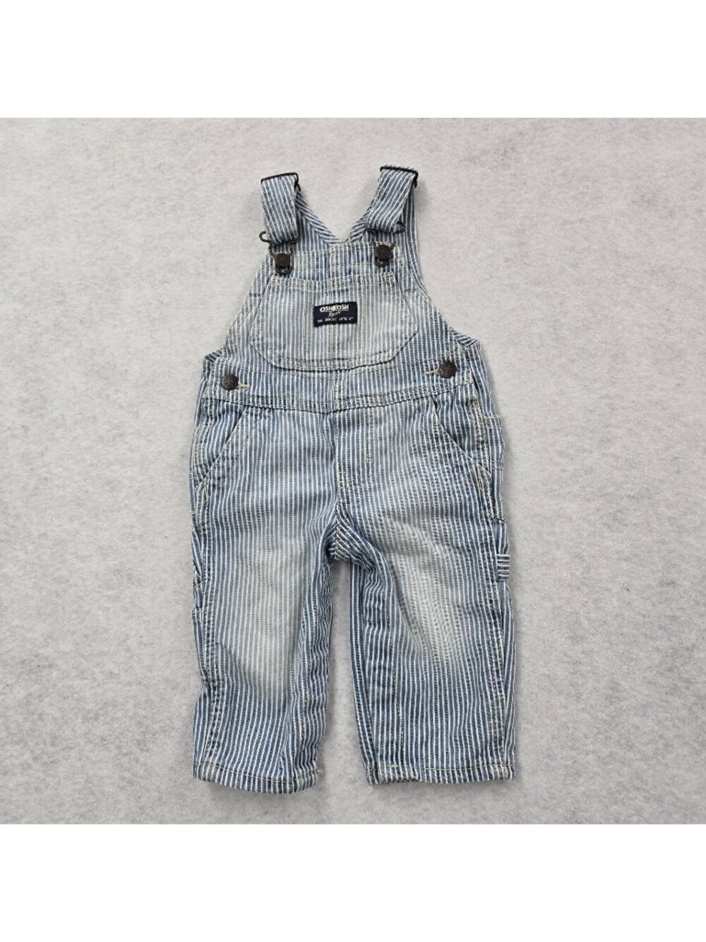 Oshkosh Bgosh Blue Striped Denim Bib Overalls Sz 6 Month Train Conductor EUC